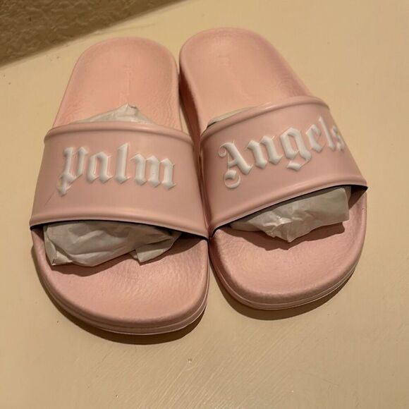 Palm Angels Kids Size 29 Slip On Pool Slides Light Pink Logo Streetwear New - Picture 1 of 11